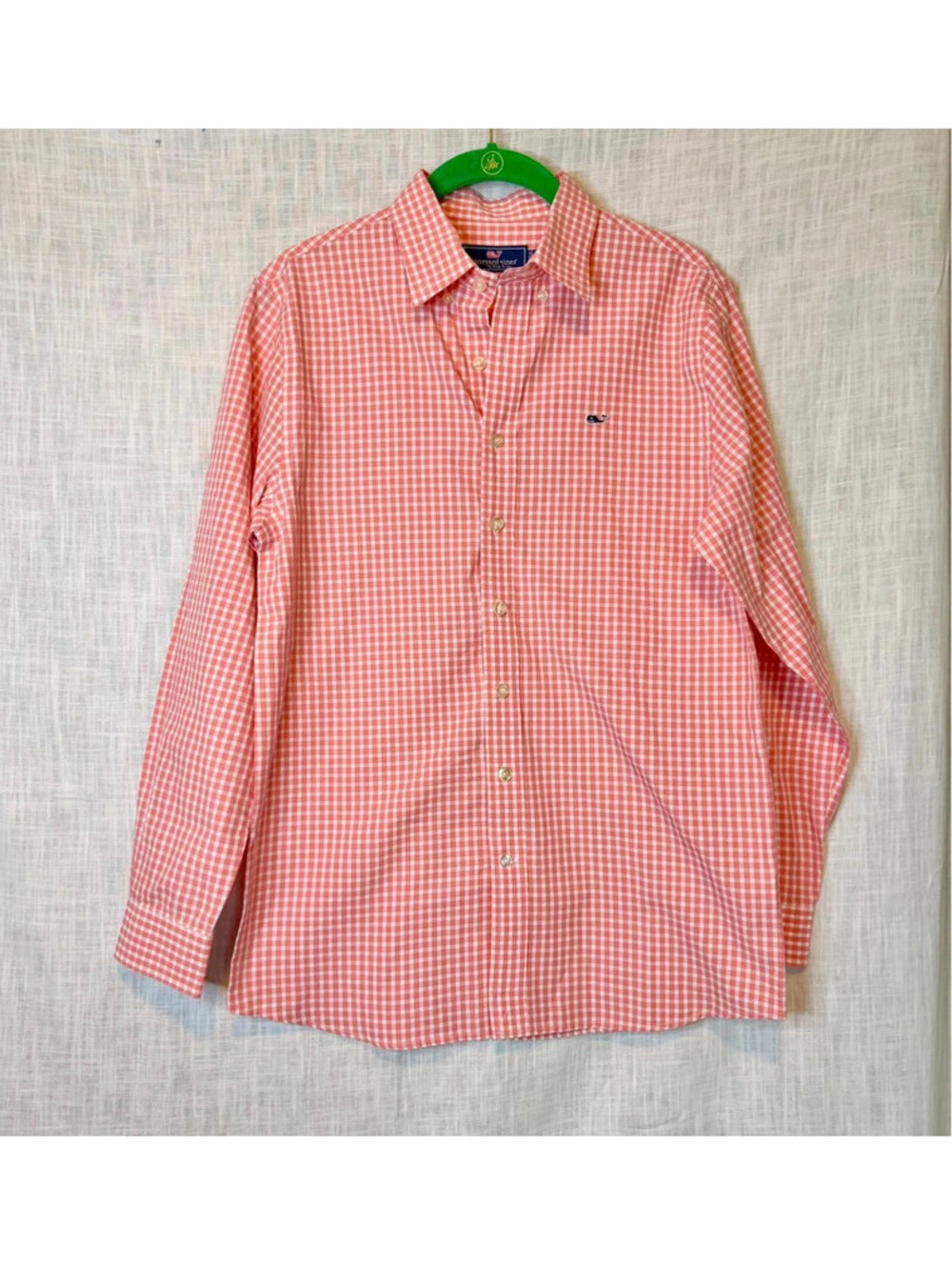 Vineyard Vines Boys 100% Cotton Coral Pink Gingham Button Down Whale Shirt L 16